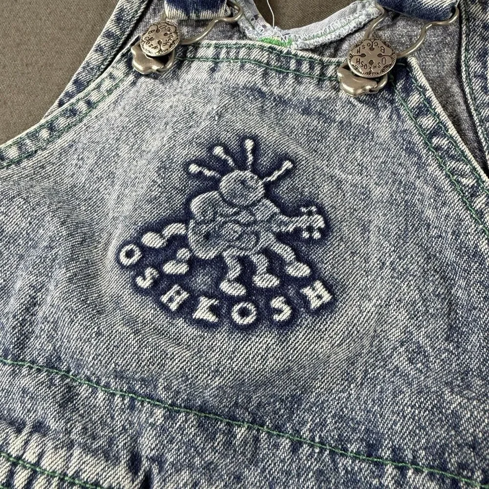 Vintage OshKosh B'Gosh Denim Overalls Sz 18 Months USA Made Acid Wash 3D Bugs